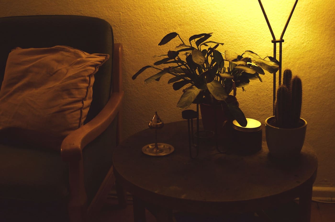 A lit lamp and potted plants on a small round wooden table beside an armchair with a pillow